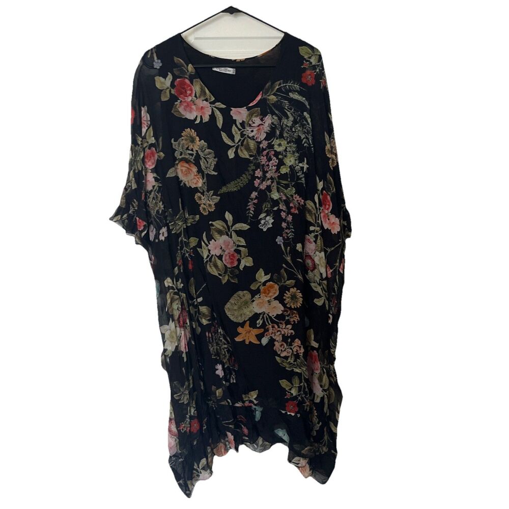 ELENA BALDI Dress Small  Silk Blend Floral Chiffon Flowy Boho Resort Black Multi